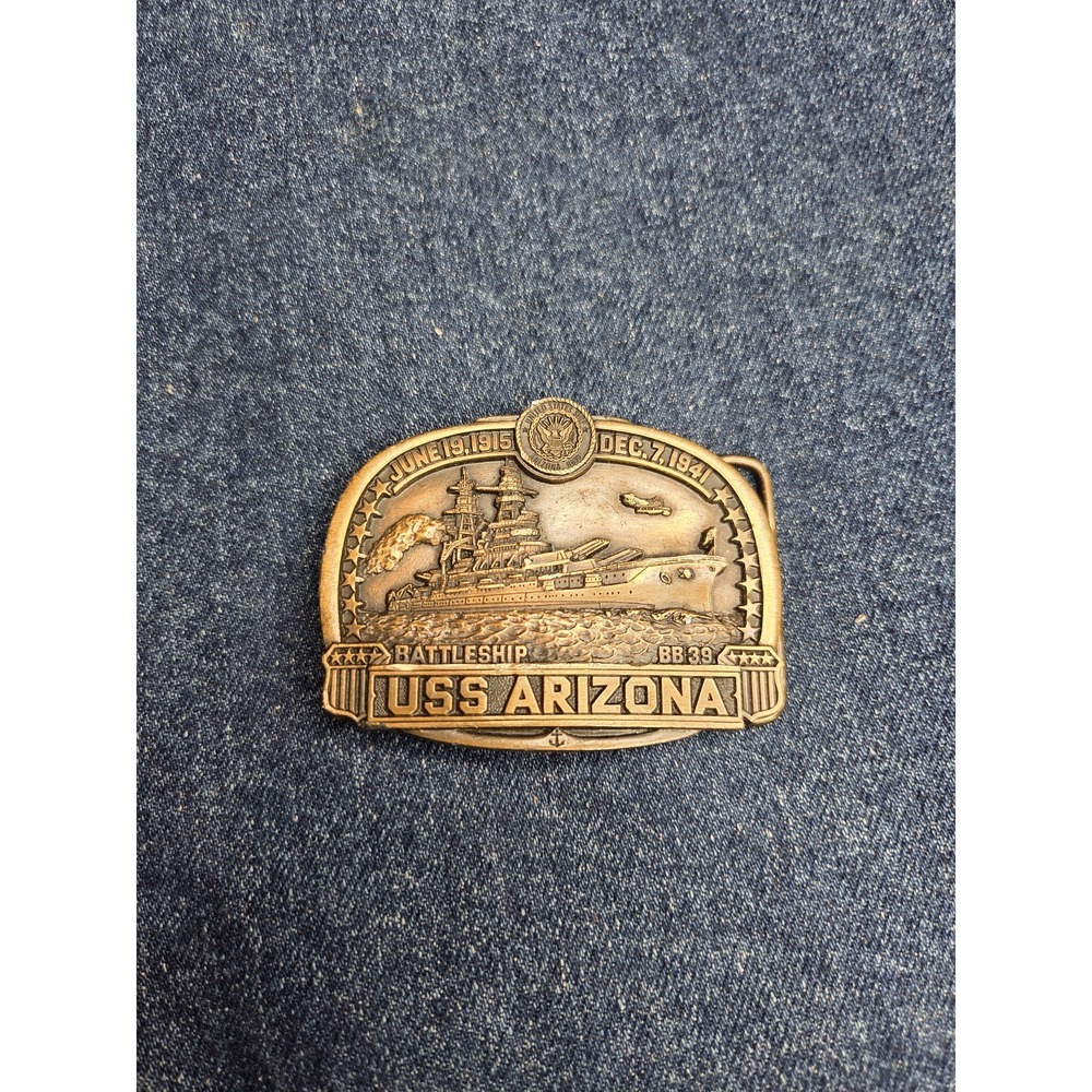 USS Arizona Commemorative Brass Battleship Belt Buckle - RARE